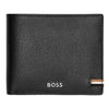 Hugo Boss Iconic black leather bifold wallet with copper-tone striped hardware detail and soft-grained textured finish