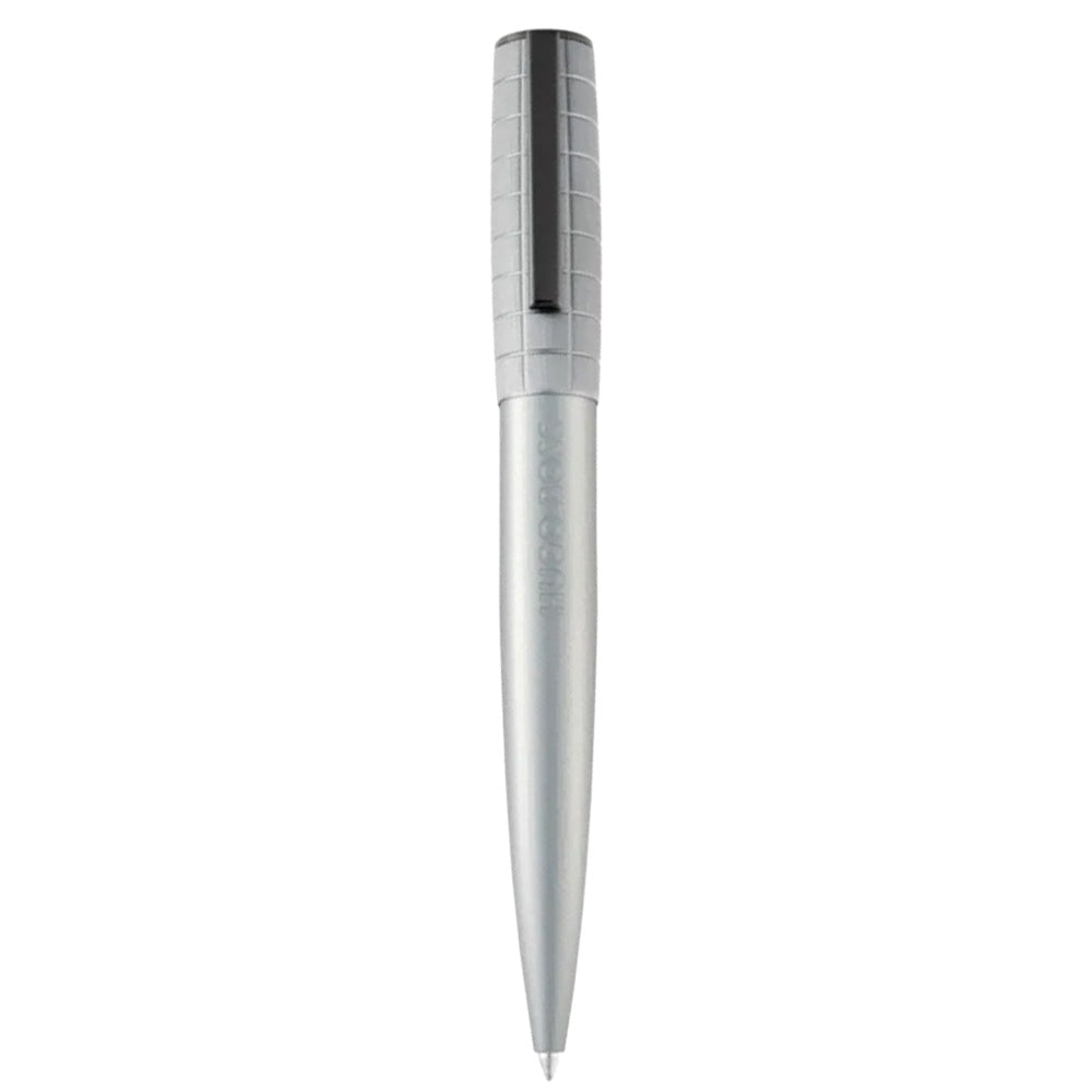 Hugo Boss HSK5744K silver ballpoint pen with brushed finish and textured grip section, displayed vertically against white background
