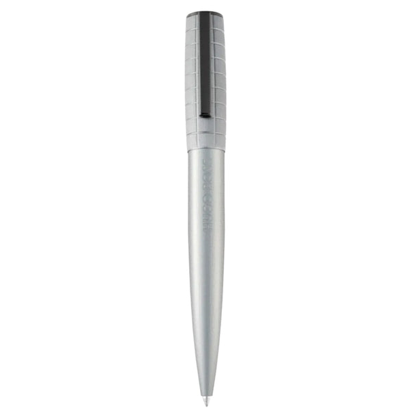 Hugo Boss HSK5744K silver ballpoint pen with brushed finish and textured grip section, displayed vertically against white background