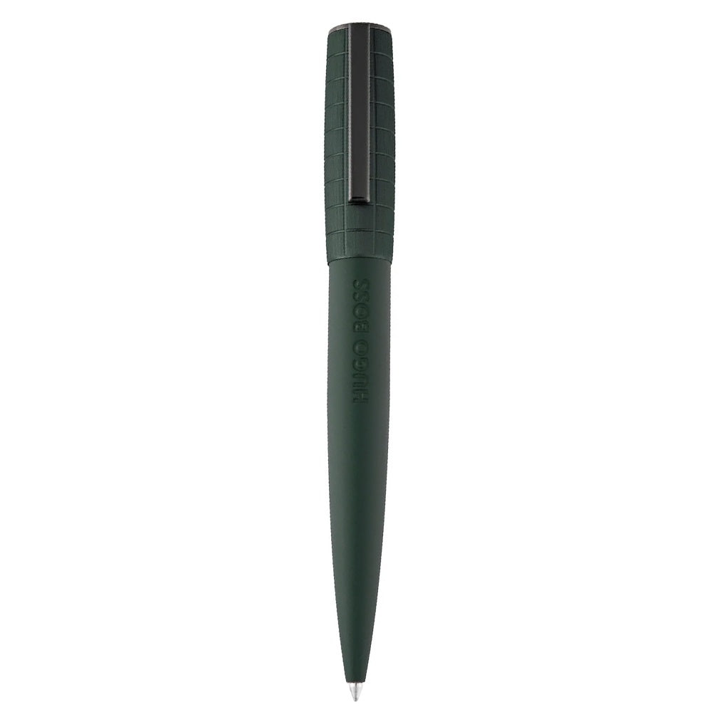 Hugo Boss green ballpoint pen with crocodile-textured cap and chrome accents