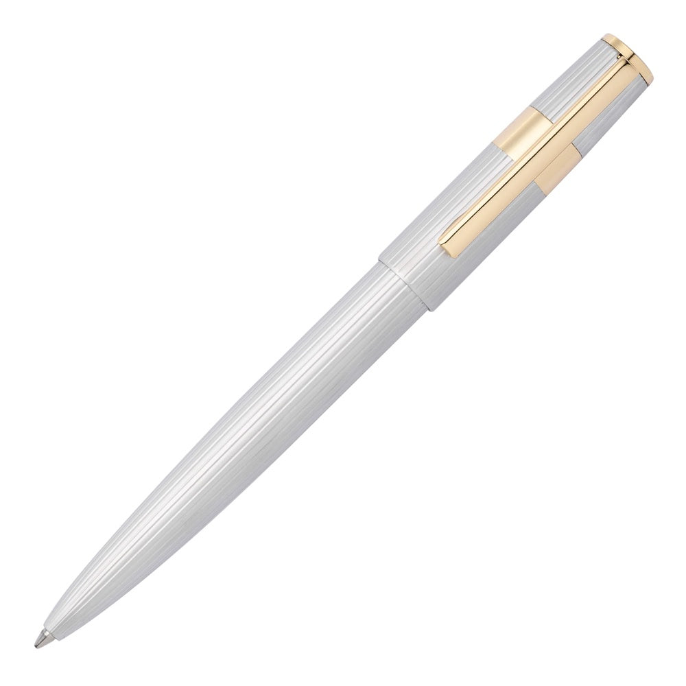 Hugo Boss Gear Pinstripe silver and gold ballpoint pen with engraved pinstripe pattern and chrome-plated brass body