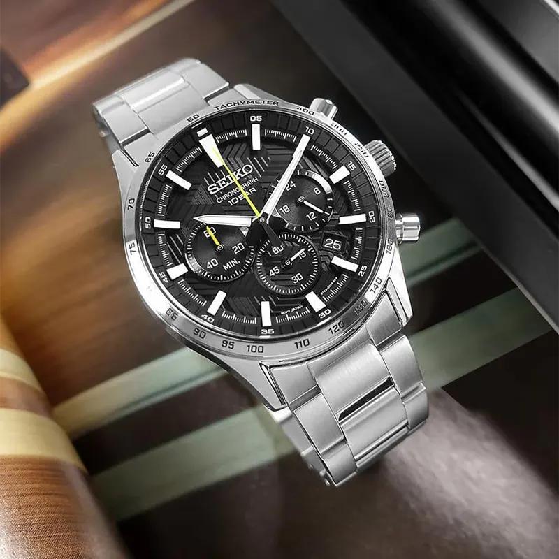 Seiko Quartz Chronograph 43mm Black Dial Steel Bracelet Watch (SSB413P1)