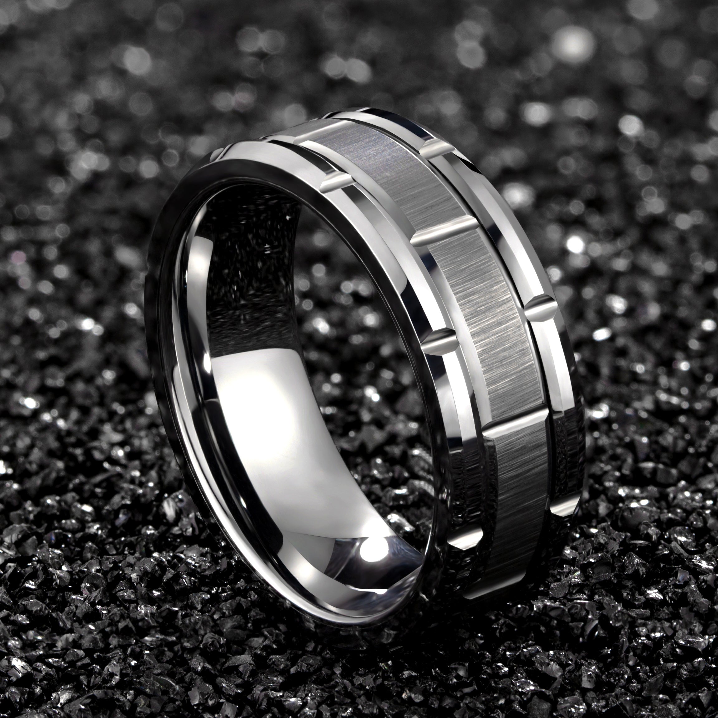 Tungsten Silver Brushed Beveled Edge Ring