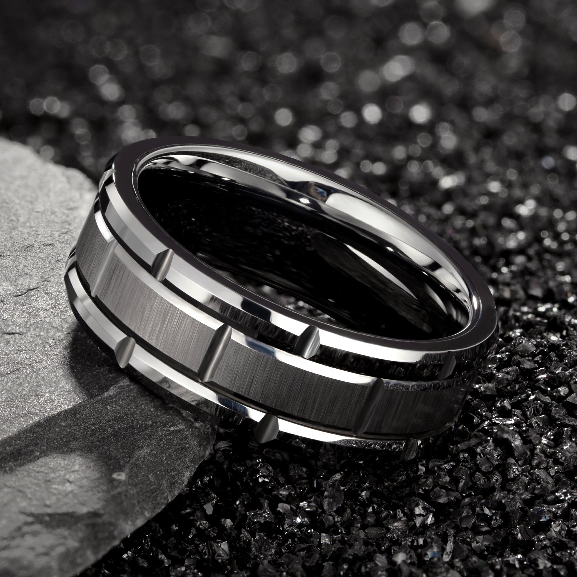Tungsten Silver Brushed Beveled Edge Ring