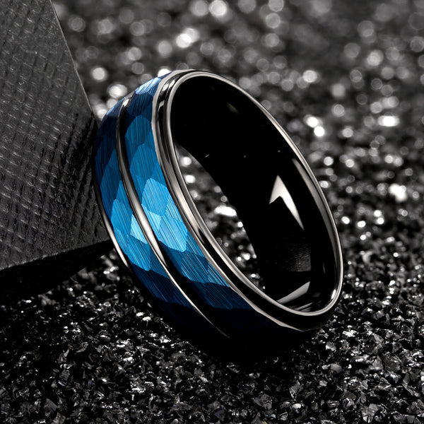 Tungsten Blue & Black Hammered Ring