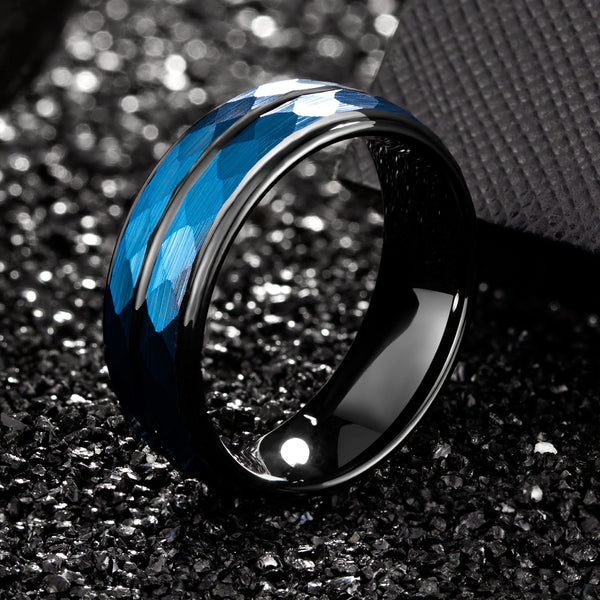 Tungsten Blue & Black Hammered Ring