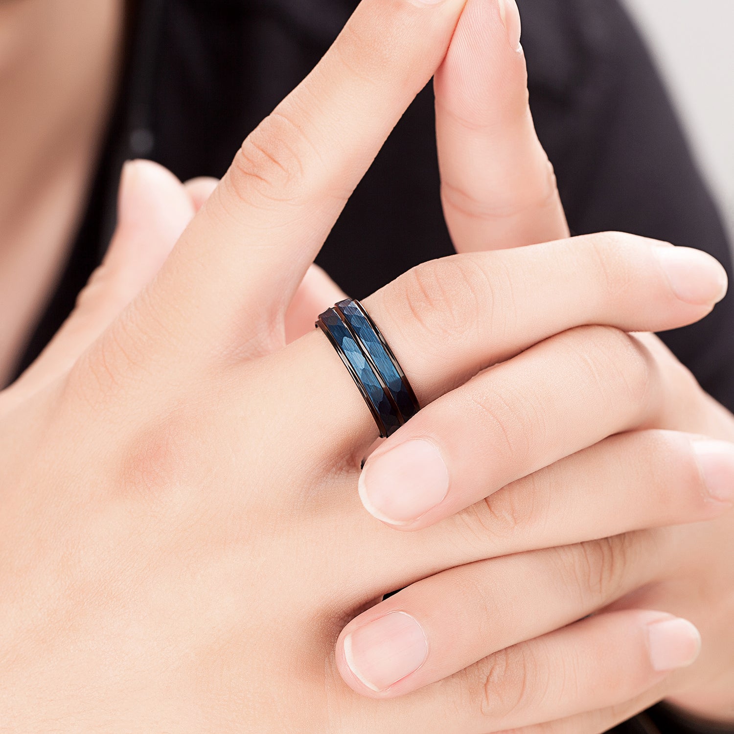 Tungsten Blue & Black Hammered Ring