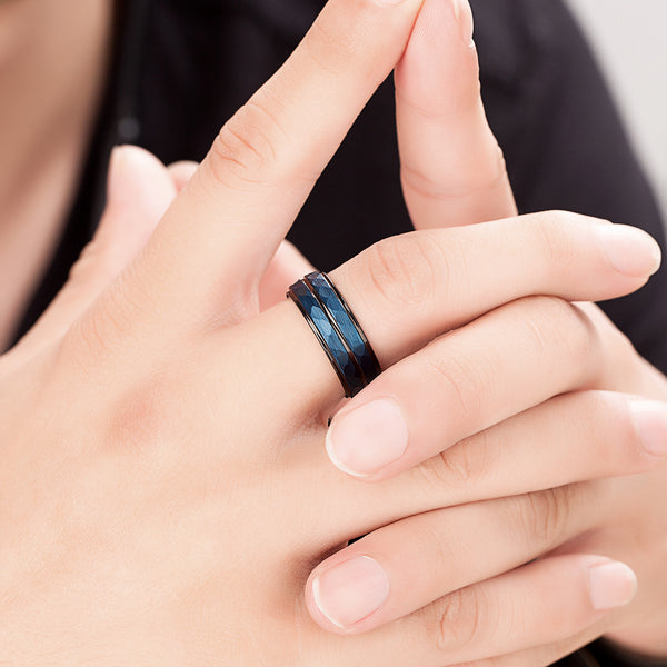 Tungsten Blue & Black Hammered Ring