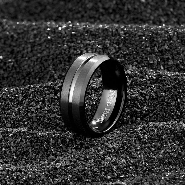 Tungsten Black Stripe Ring – Polished Inlay