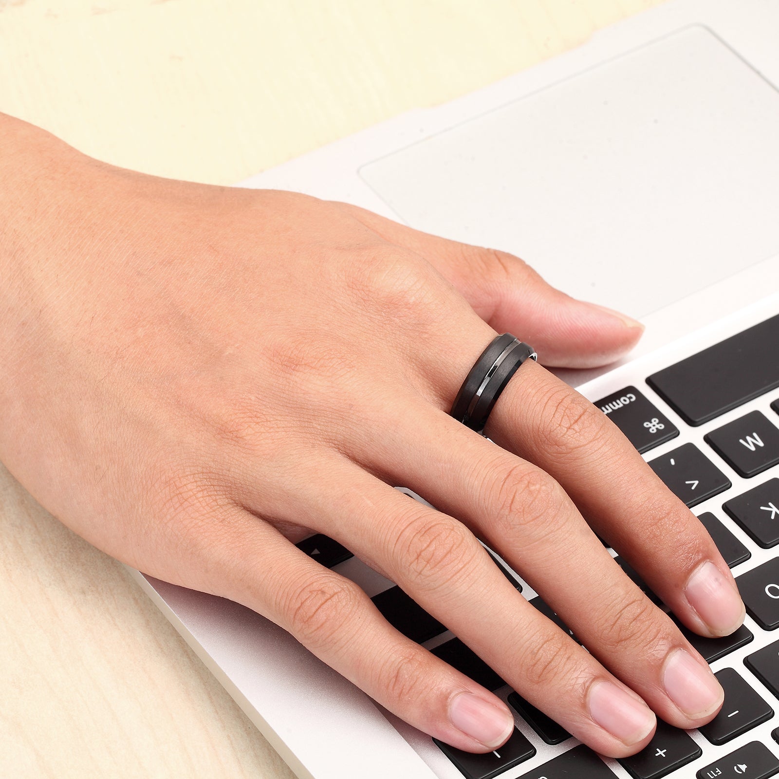 Tungsten Black Stripe Ring – Polished Inlay