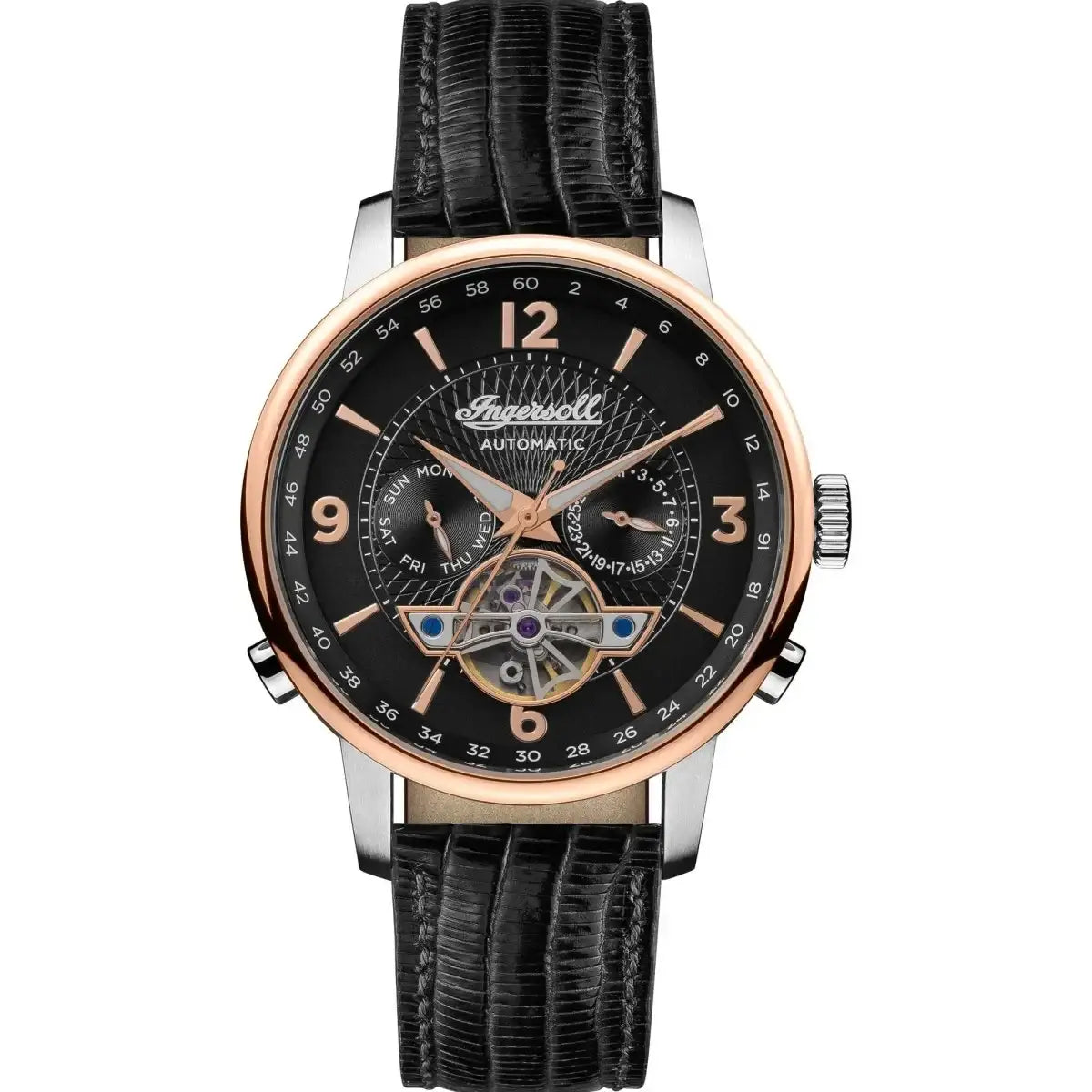 Ingersoll Grafton I00702 automatic watch with black open heart dial, rose gold bezel, day date complication, and black leather strap