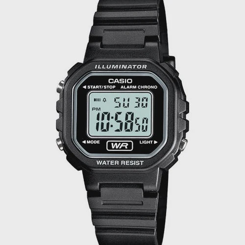 Casio LA-20WH-1ADF Illuminator ladies digital watch with square black resin case and black resin strap