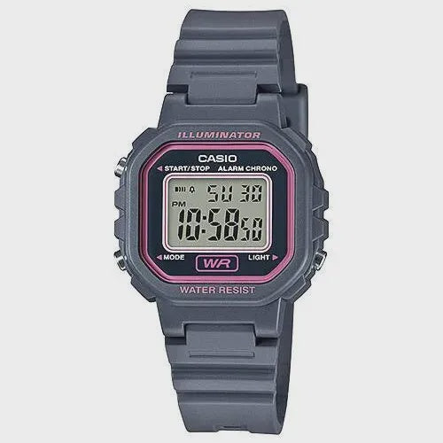 Casio LA-20WH-8A ladies digital watch with square grey resin case, grey LCD dial with pink accents, LED Illuminator and resin strap