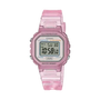 Casio LA-20WHS-4ADF translucent pink resin digital watch with square case and LED illuminator display