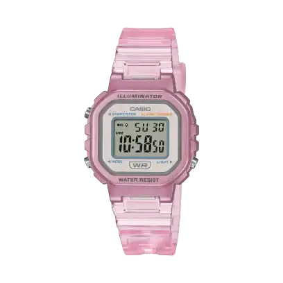 Casio LA-20WHS-4ADF translucent pink resin digital watch with square case and LED illuminator display