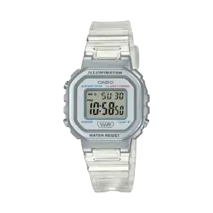 Casio LA-20WHS-7ADF digital watch with white translucent resin case and bracelet, LED illuminator, and stopwatch function