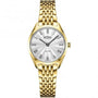 Rotary Ultra Slim LB08013/01 ladies quartz watch with 27mm gold PVD case, silver guilloche dial with black Roman numerals, and five-link gold PVD stainless steel bracelet