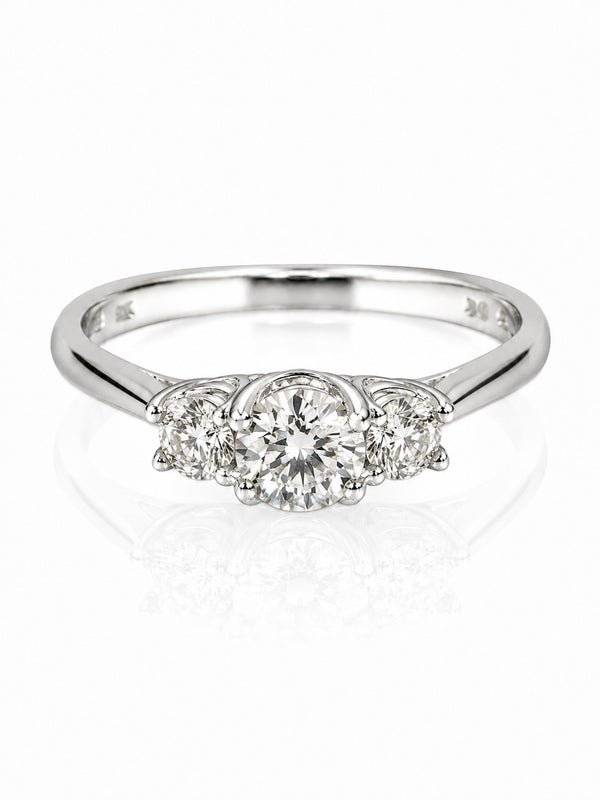 9ct white gold three stone engagement ring with 1.05ct lab grown diamond centre stone and side stones