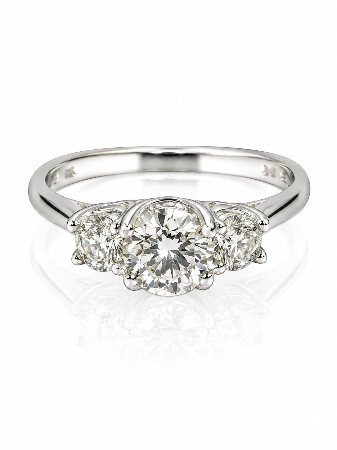 9ct white gold three stone engagement ring with 1.8ct lab grown diamonds in prong settings