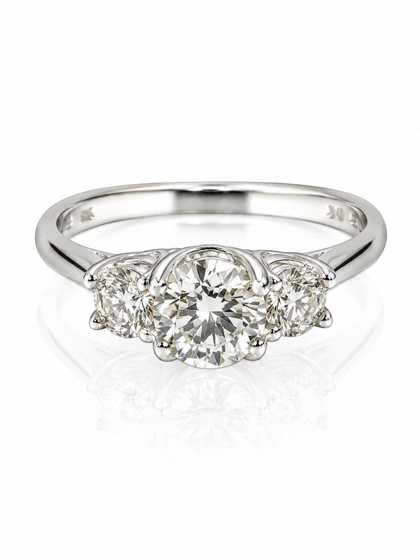 9ct white gold three stone engagement ring with 1.8ct lab grown diamonds in prong settings