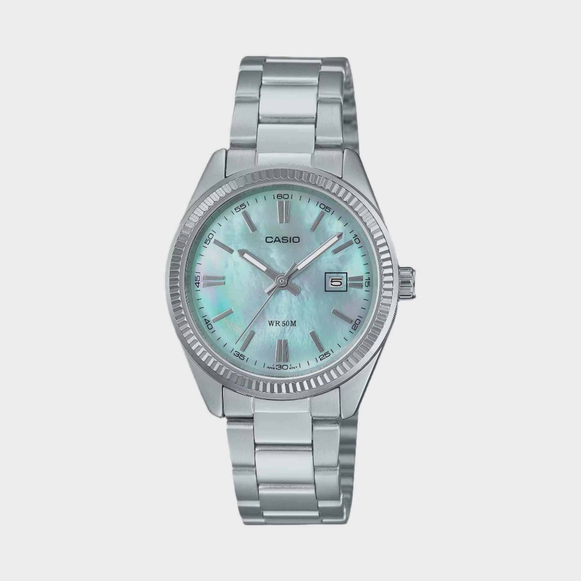 Casio LTP-1302D-2AVDF ladies quartz watch with turquoise mother-of-pearl dial, date window, coin-edge bezel and stainless steel bracelet