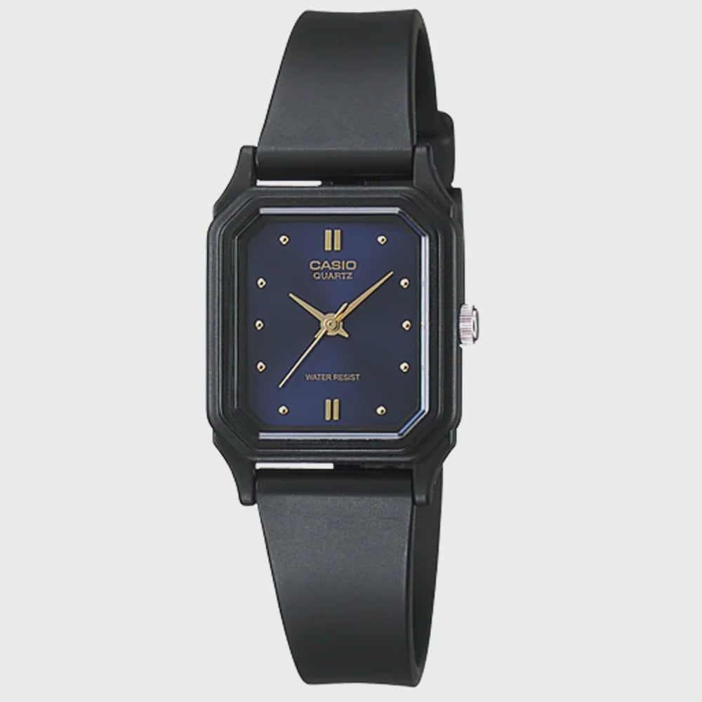 Casio LQ-142E-2A quartz watch with blue dial, gold-tone markers, black resin strap and square case
