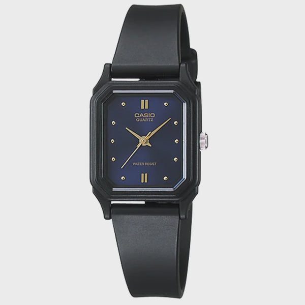Casio LQ-142E-2A quartz watch with blue dial, gold-tone markers, black resin strap and square case