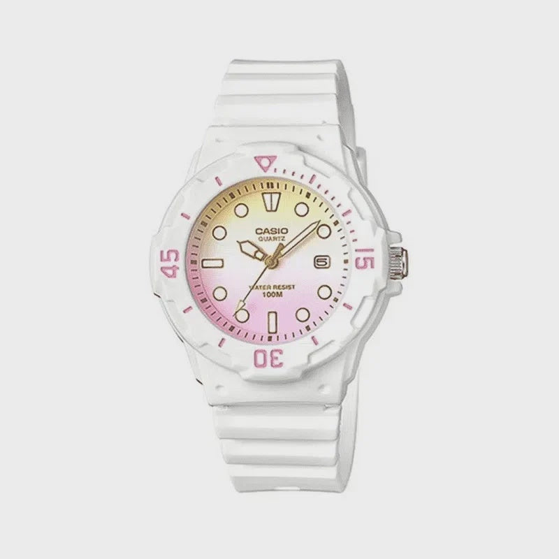 Casio LRW-200H quartz diver watch with pink gradient dial, white resin case and strap, luminous markers, and unidirectional bezel