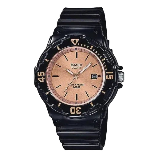 Casio LRW-200H rose gold sunray dial with black timer bezel and resin strap