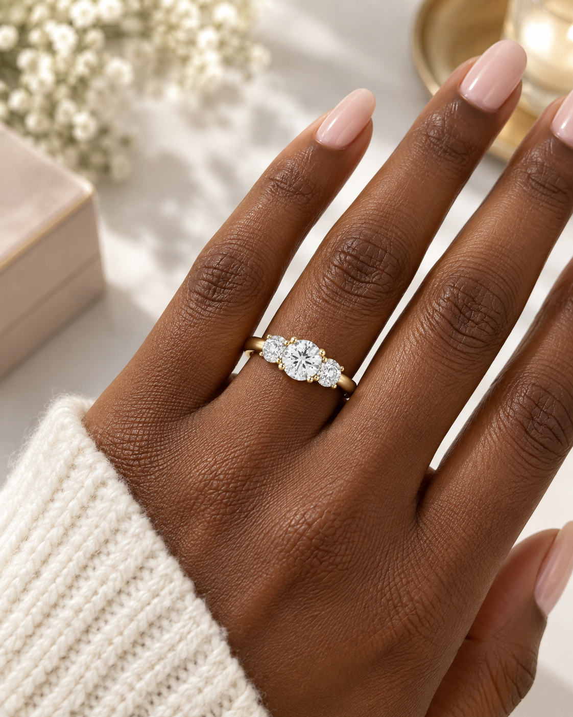 Slim polished court-profile yellow gold band of the trilogy engagement ring