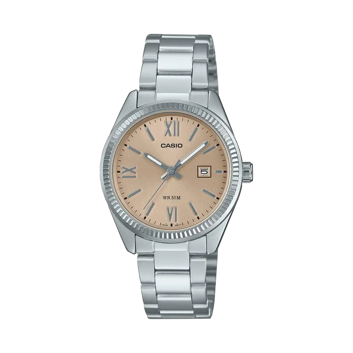 Casio Enticer LTP-1302DD-4A2VDF women's quartz watch with rose dial, Roman numeral markers, date display, fluted bezel and stainless steel bracelet