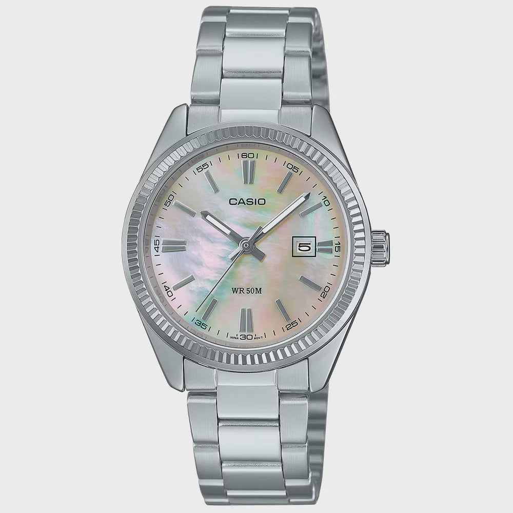 Casio LTP-1302DS-4AVDF women's quartz watch with mother-of-pearl dial and stainless steel bracelet on white background