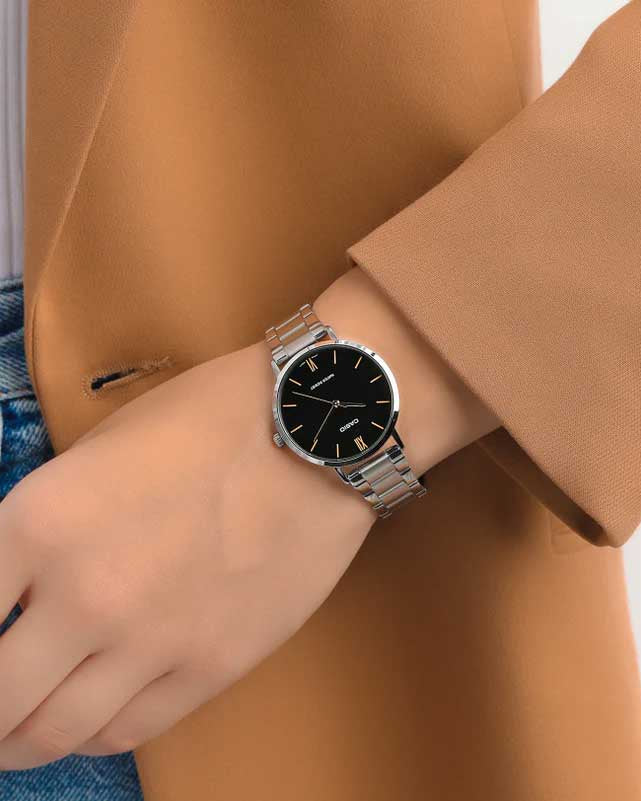 Casio LTP-VT01D Quartz Black Dial Roman Numerals Stainless Steel Ladies Watch (LTP-VT01D-1B)