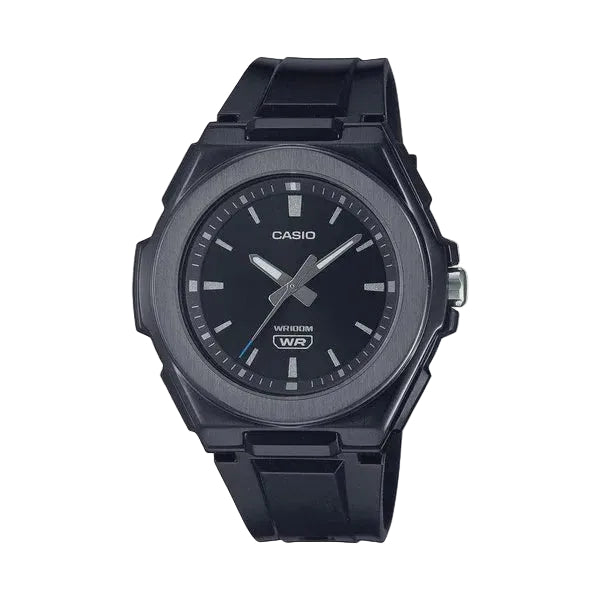 Casio LWA-300HB-1EVDF quartz watch with black dial and resin strap on white background
