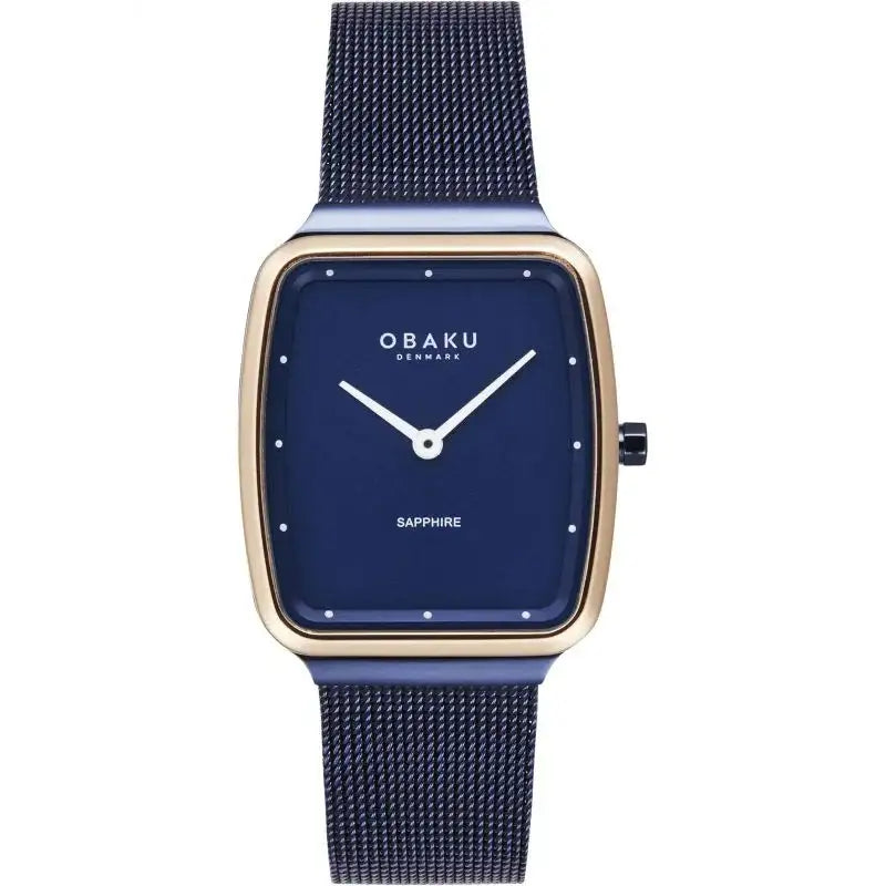 Obaku Tern Lille Ocean V267LXSLML blue dial quartz watch with rose gold bezel and blue mesh bracelet