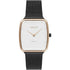 Obaku V267LXMIMB Tern Lille ladies quartz watch with white dial, black PVD steel case with rose gold bezel, and black mesh bracelet