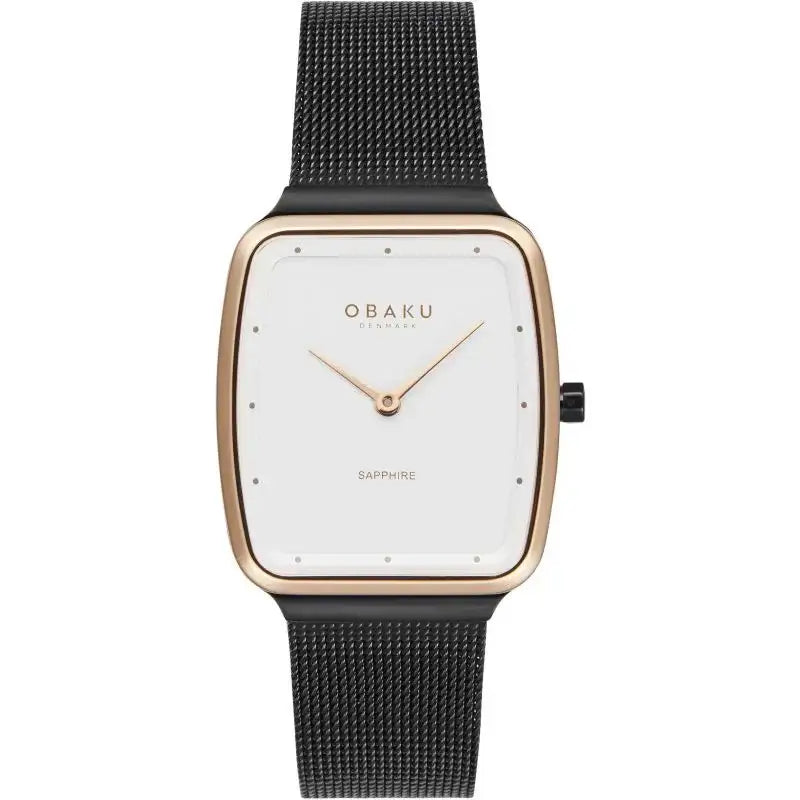 Obaku V267LXMIMB Tern Lille ladies quartz watch with white dial, black PVD steel case with rose gold bezel, and black mesh bracelet