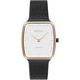 Obaku V267LXMIMB Tern Lille ladies quartz watch with white dial, black PVD steel case with rose gold bezel, and black mesh bracelet