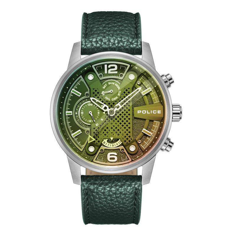 Police Lanshu PEWJF2203307 quartz chronograph watch with 48mm stainless steel case, green multi-textured dial, three sub-dials, and green leather strap