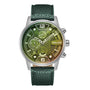 Police Lanshu PEWJF2203307 quartz chronograph watch with 48mm stainless steel case, green multi-textured dial, three sub-dials, and green leather strap