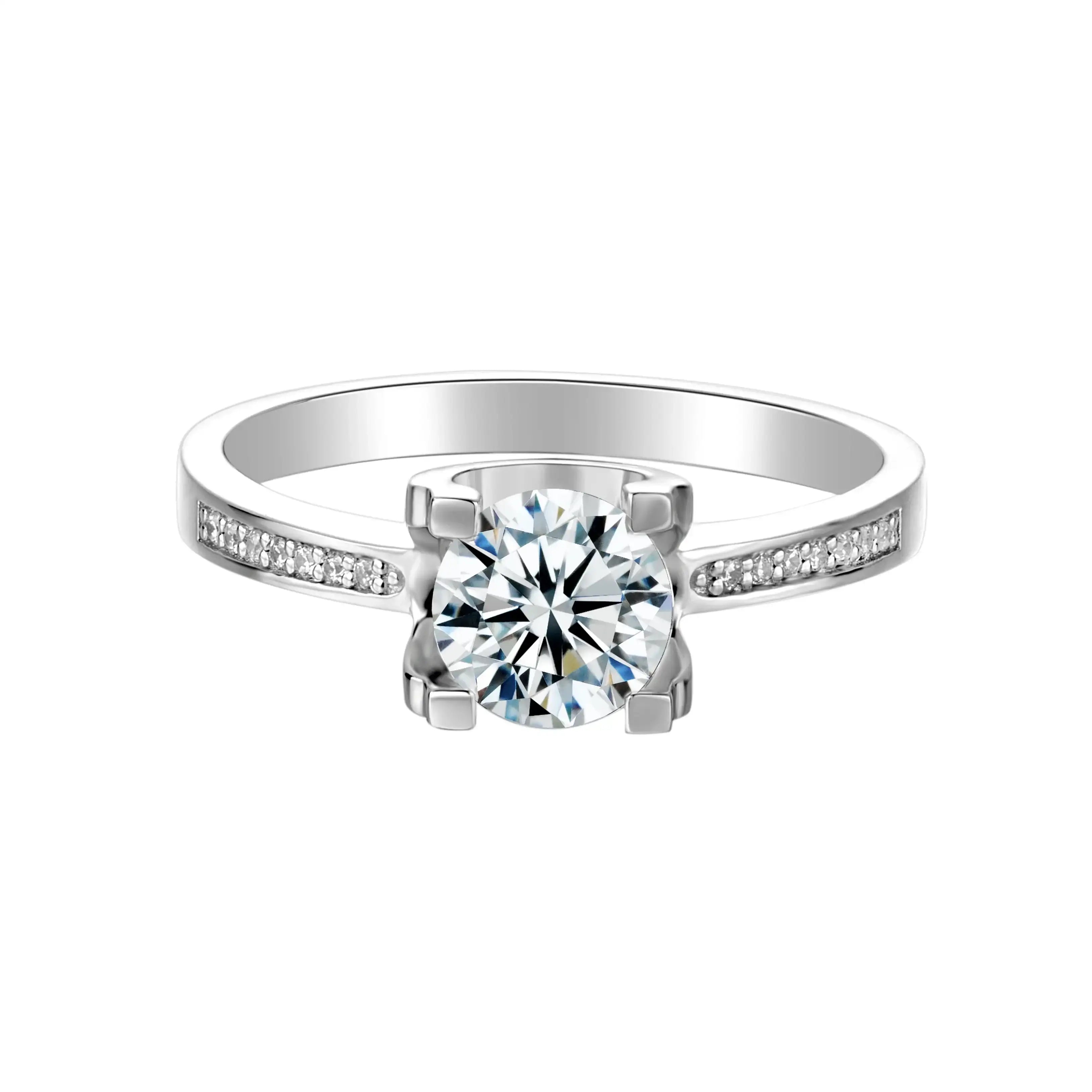 Sterling silver 1.00ct round moissanite 4-claw solitaire engagement ring with channel-set accent stones