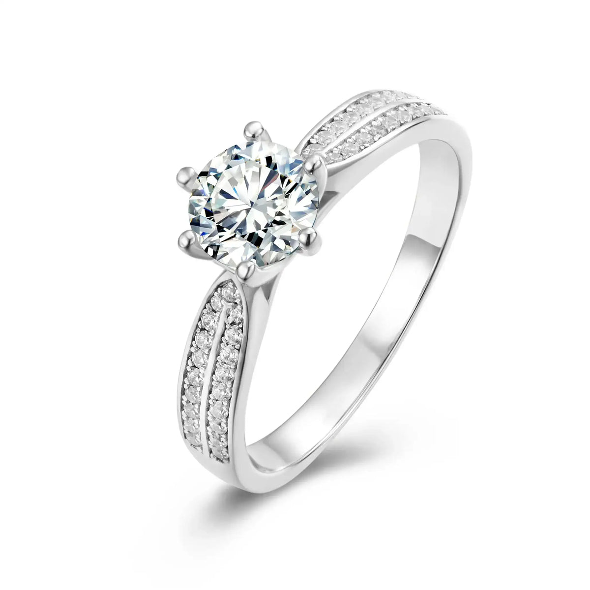 1.00ct round moissanite engagement ring with pavé shoulders in sterling silver by Cassim & Co Johannesburg