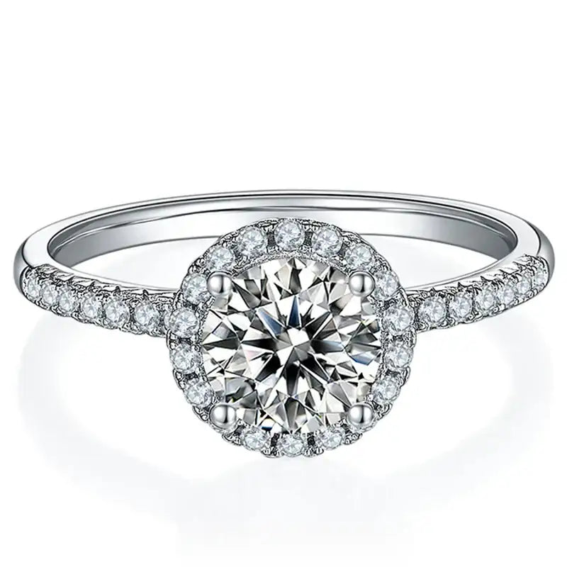 1.00ct round moissanite halo engagement ring in sterling silver with pavé band - Cassim & Co Johannesburg