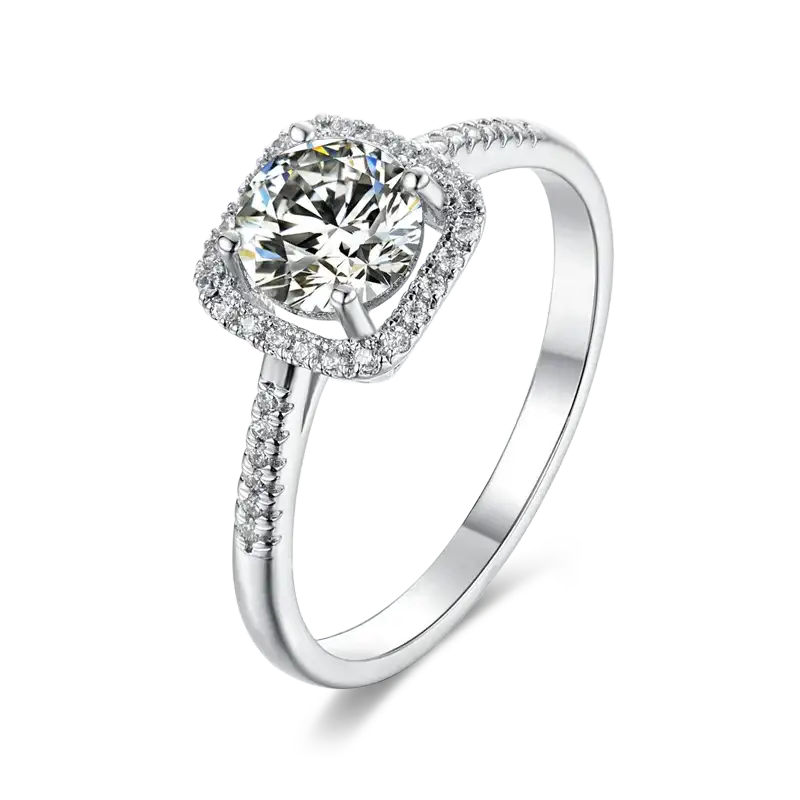 1ct round moissanite engagement ring with cushion halo and pavé band in sterling silver