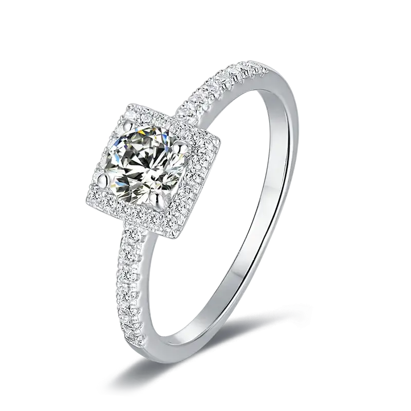 0.50ct round brilliant moissanite engagement ring with square halo setting and pavé band in sterling silver from Cassim & Co Johannesburg