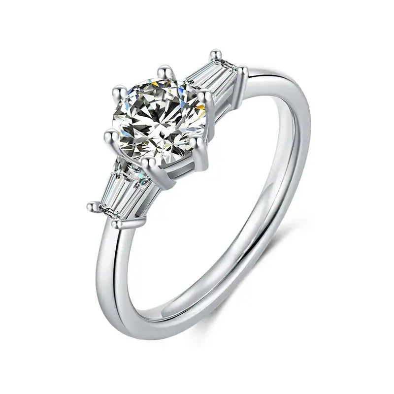 Sterling silver round moissanite engagement ring with baguette side stones six claw setting Cassim and Co Johannesburg