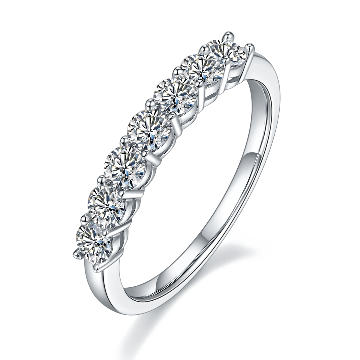 Sterling silver seven stone moissanite eternity ring with round brilliant cut stones in four-prong settings