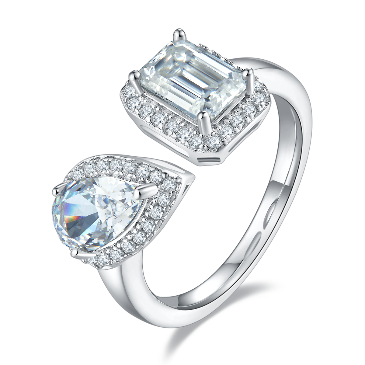 Sterling silver open bypass ring with emerald cut and pear cut moissanite stones in halo settings