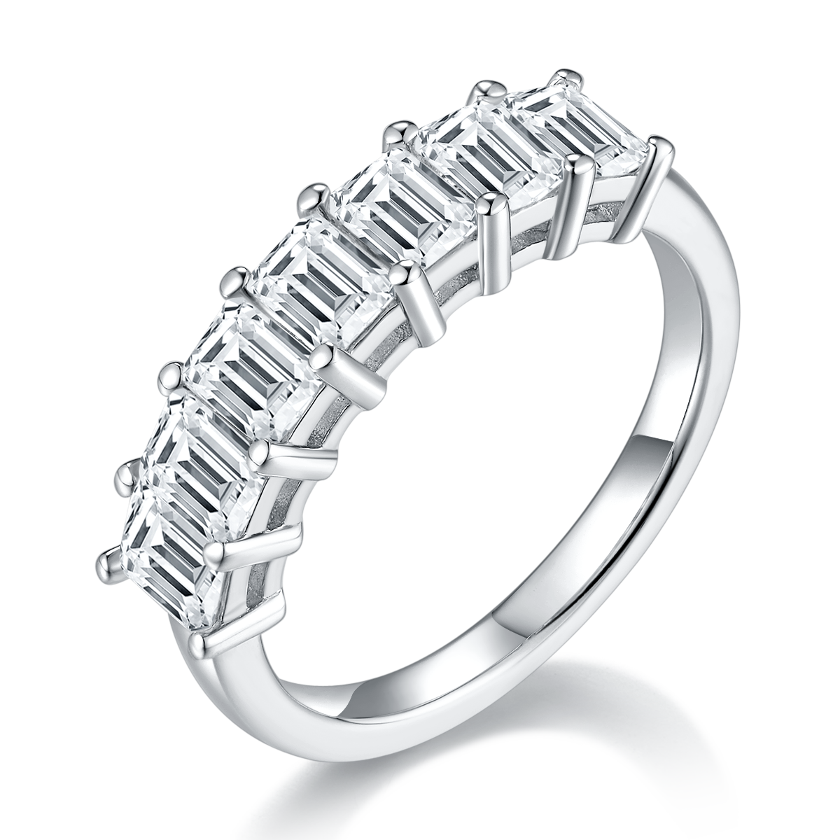 Sterling silver emerald cut moissanite eternity ring with seven prong set stones