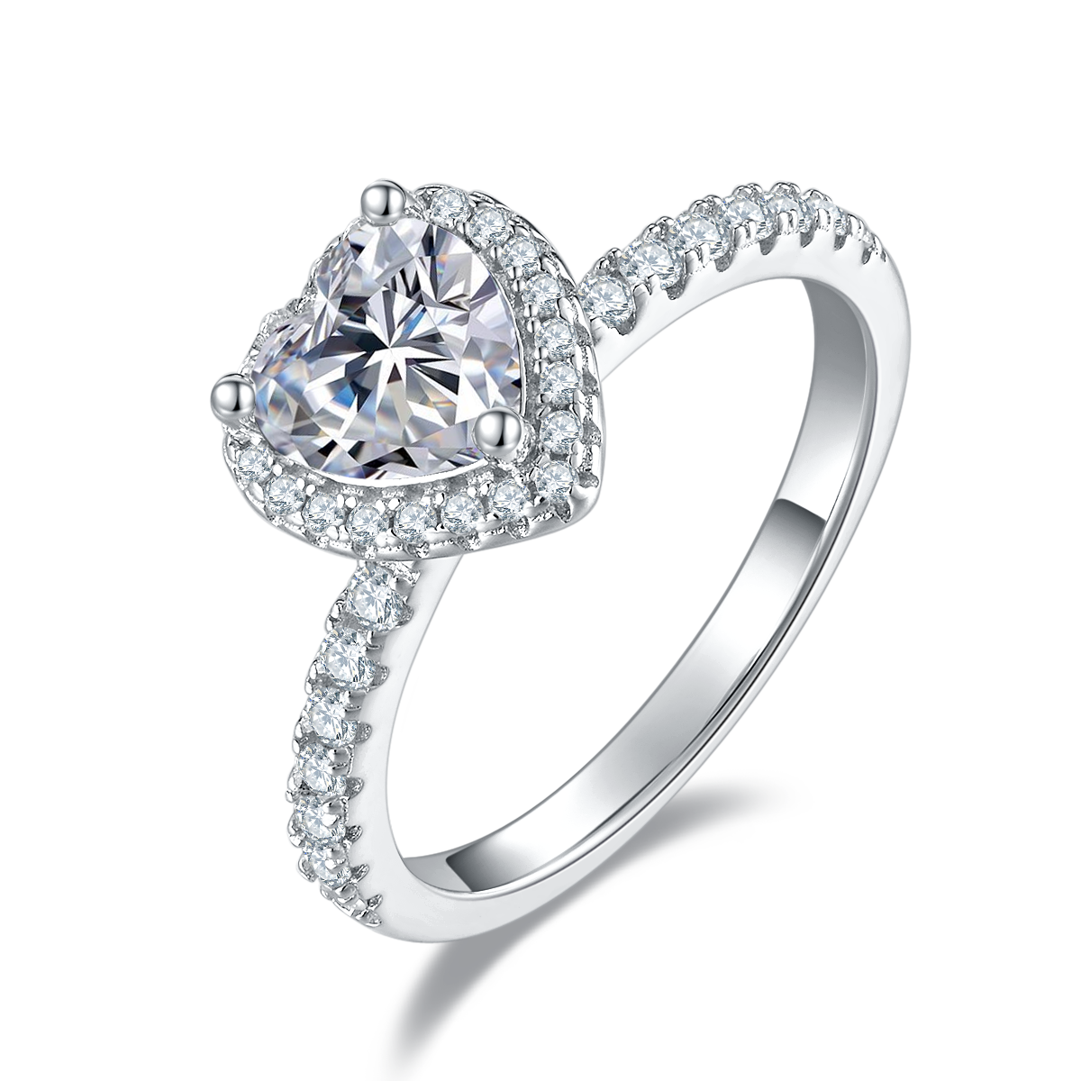 Sterling silver 1 carat heart-shaped moissanite halo engagement ring with pavé band by Cassim & Co.
